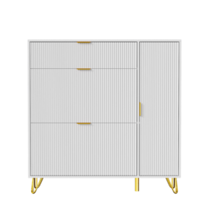 Meuble à chaussures moderne porte cannelée blanc et or 3 tiroirs - Aden One