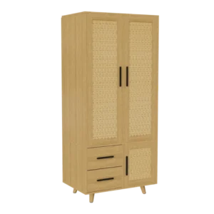 Armoire 2 portes style campagne avec tringle et tiroirs en rotin - Nolan Urban - Photo 1