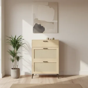 Armoire à chaussures moderne blanche 2 abattants et rangement bottes - Alma - lifestyle vue de face