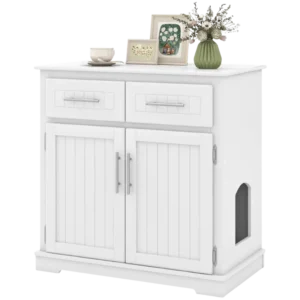 Armoire bac à litière pour chat blanc 2 portes et tiroirs - Tilio Living - Photo 1