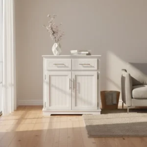 Armoire bac à litière pour chat blanc 2 portes et tiroirs - Tilio Living - lifestyle vue de face