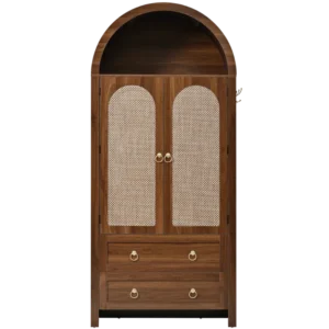 Armoire de rangement vintage en rotin 2 portes et 2 tiroirs noyer - Kirk Prime - Photo 1