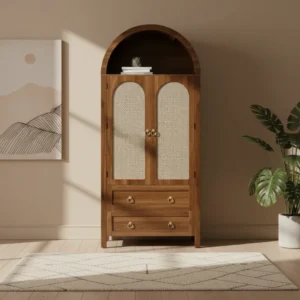 Armoire de rangement vintage en rotin 2 portes et 2 tiroirs noyer - Kirk Prime - lifestyle vue de face