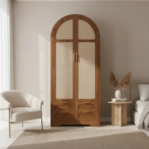 Armoire penderie style moderne porte en rotin avec tiroir - Eden Prime - lifestyle vue de face