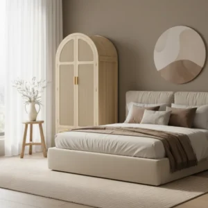 Armoire penderie style naturel portes en rotin avec tiroir - Oslo Casa - lifestyle vue de face