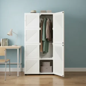Armoire pliante portable blanche avec tringle et porte transparente - Ezra Lane - mise en situation propre