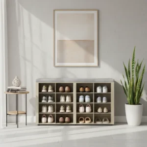Banc à chaussures avec assise 16 compartiments étagères réglables 104 cm - Tess Craft - lifestyle vue de face