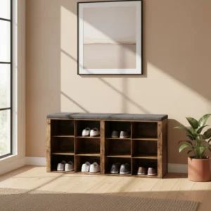 Banc à chaussures avec siège rembourré 15 compartiments 105 cm - Tess Vale - lifestyle vue de face