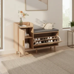 Banc à chaussures d'entrée avec coussin et porte pliante - Nino - lifestyle vue de face