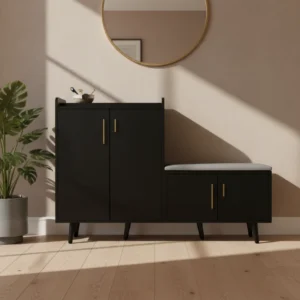 Banc à chaussures moderne 4 portes noyer noir 120 cm - Nora Mode - lifestyle vue de face