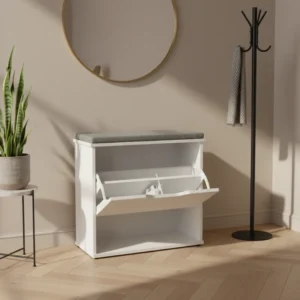 Banc à chaussures rembourré 3 niveaux avec tiroir rabattable 60 cm - Mira Loft - lifestyle vue de face