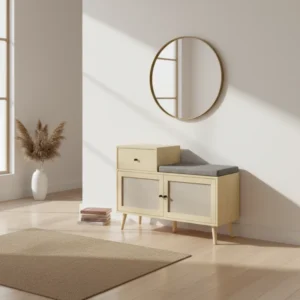 Banc à chaussures style rotin 2 portes tiroir et assise rembourrée - Ivo Home - lifestyle vue de face