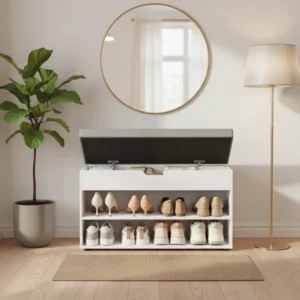 Banc d'entrée rembourré avec rangement chaussures blanc et gris 80 cm - Nael Atelier - lifestyle vue de face