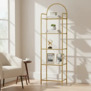 Bibliothèque 5 niveaux verre trempé cadre doré - Elio Edge - lifestyle vue de face