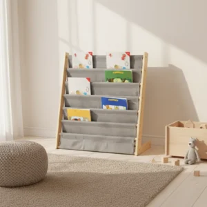 Bibliothèque enfant bois et tissu 6 niveaux - Kara Prime - lifestyle vue de face