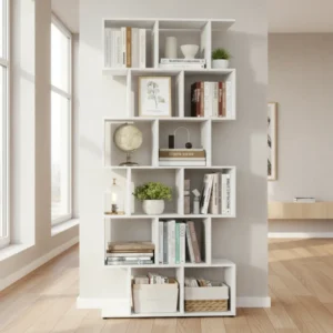 Bibliothèque moderne 6 niveaux 12 compartiments blanche 188 cm - Mira Nova - lifestyle vue de face