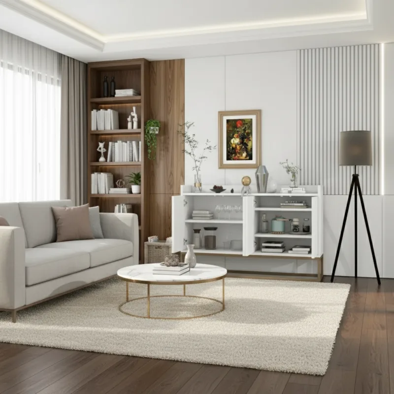 Buffet minimaliste moderne 4 portes avec étagères réglables - Eden - ambiance appartement vue large