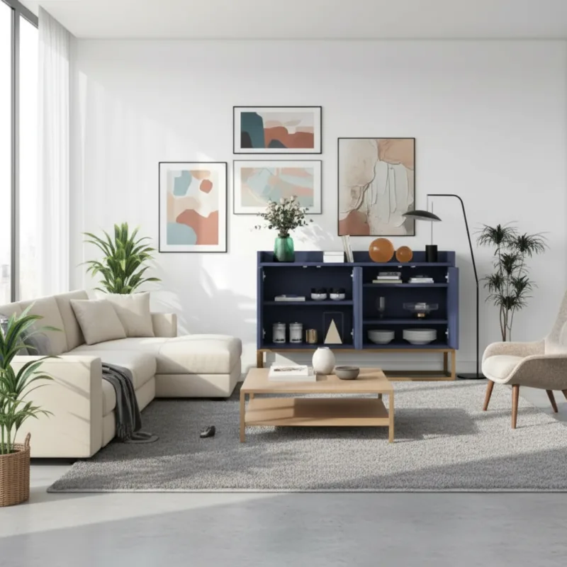 Buffet moderne minimaliste 4 portes sans poignées étagères réglables - Nino Aura - ambiance appartement vue large