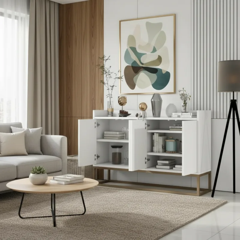 Buffet salon minimaliste moderne 4 portes sans poignée étagères réglables - Lenny Wood - ambiance appartement vue large
