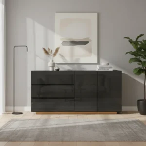 Buffet salon moderne laqué haute brillance avec LED et tiroirs - Avery - lifestyle vue de face