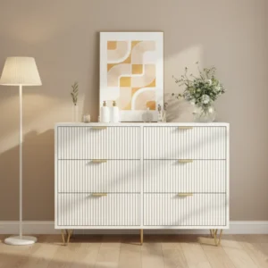 Commode de chambre moderne blanche 6 tiroirs pieds dorés - Selma - lifestyle vue de face