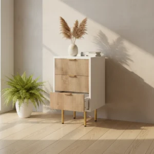 Commode moderne bicolore à tiroirs avec pieds dorés - Lennox Oak - lifestyle vue de face