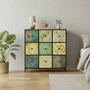 Commode style bohème à tiroirs en tissu motif vintage - Auron Home - mise en situation propre