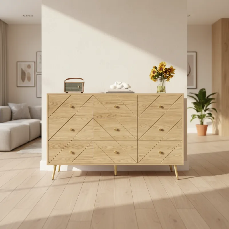 Commode style minimaliste 9 tiroirs pieds métal couleur naturel - Iris Lane - lifestyle vue de face