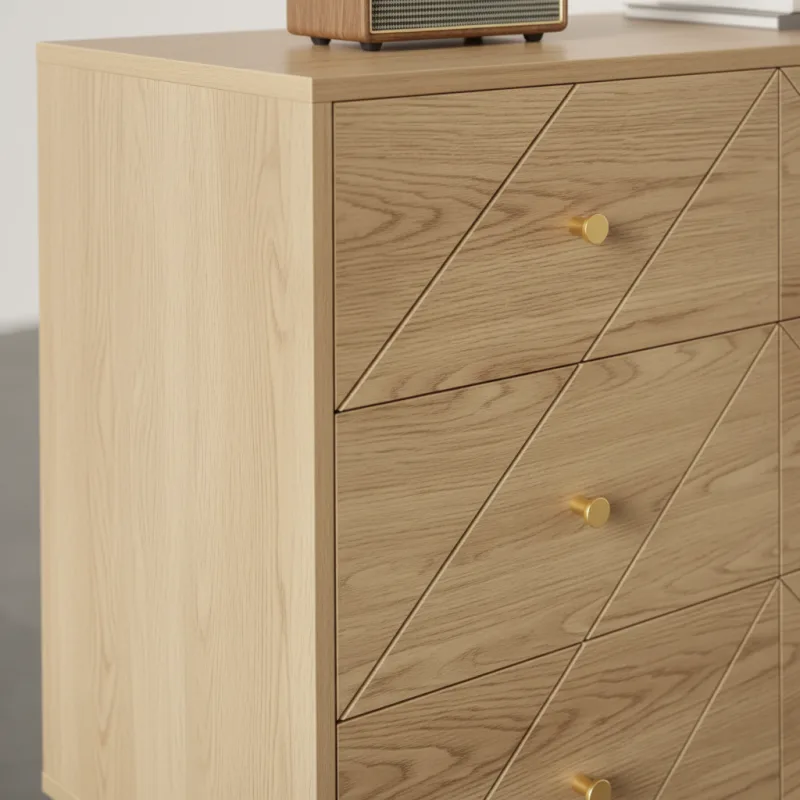Commode style minimaliste 9 tiroirs pieds métal couleur naturel - Iris Lane - zoom matière vue gauche