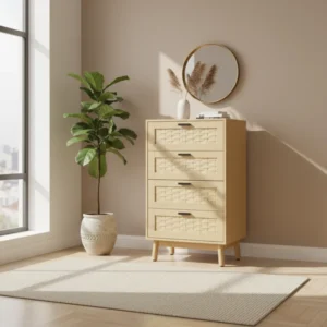 Commode style rétro rotin 4 tiroirs - Mira One - lifestyle vue de face