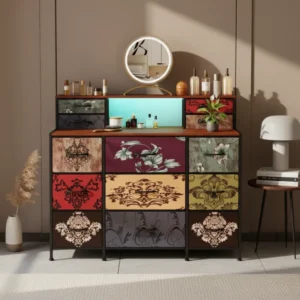 Commode vintage 4 tiroirs en tissu avec LED et port USB - Jules Lane - lifestyle vue de face