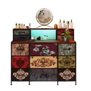 Commode vintage 4 tiroirs en tissu avec LED et port USB - Jules Lane - Variante #3083