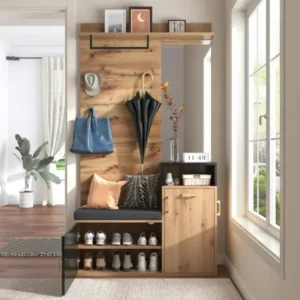 Ensemble meuble d'entrée moderne noir et bois avec miroir 105 cm - Noe - lifestyle vue de face