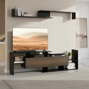 Ensemble meuble TV avec étagère murale style moderne noir 153 cm - Ezra Home - lifestyle vue de face