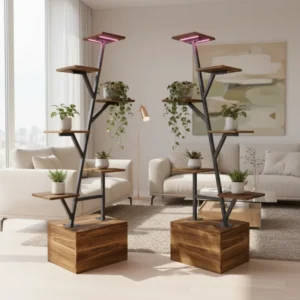 Étagère à plantes métal multi-niveaux avec lampe de croissance à minuterie - Elin - lifestyle vue de face