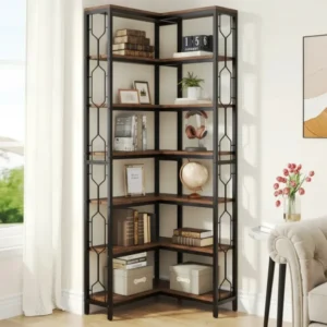 Étagère d'angle industrielle 7 niveaux bois et métal style rétro - Ivo Edge - lifestyle vue de face