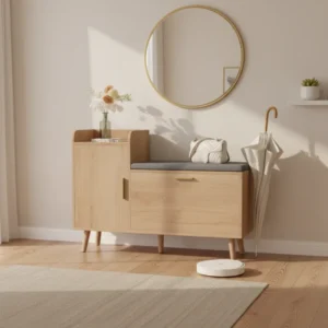 Meuble à chaussures avec banc bois abattants et tiroirs entrée - Curtis Nova - lifestyle vue de face