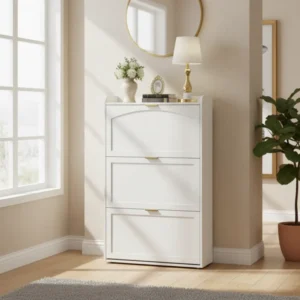 Meuble à chaussures blanc 3 portes pliantes 3 niveaux - Curtis Craft - lifestyle vue de face