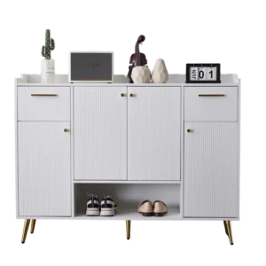 Meuble à chaussures blanc 4 portes 2 tiroirs pieds dorés 130 cm - Lia Casa