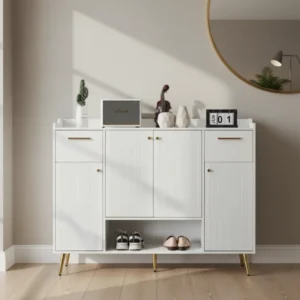 Meuble à chaussures blanc 4 portes 2 tiroirs pieds dorés 130 cm - Lia Casa - lifestyle vue de face