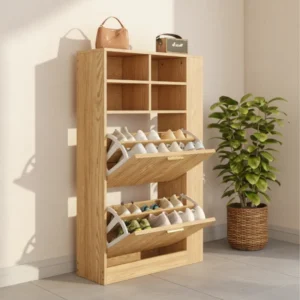 Meuble à chaussures bois 3 portes et niches ouvertes - Tilio Home - lifestyle vue de face