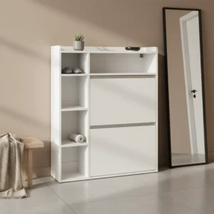 Meuble à chaussures étroit blanc 2 abattants 5 niches - Lazlo Living - lifestyle vue de face
