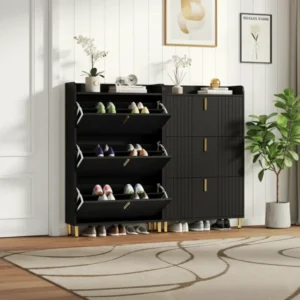 Meuble à chaussures étroit noir 3 abattants 6 compartiments 80 cm - Aksel Home - lifestyle vue de face