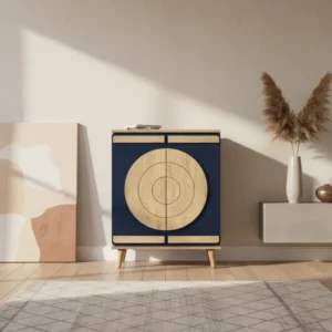Meuble à chaussures moderne avec portes fermées multi-niveaux bleu et bois - Mila Living - lifestyle vue de face