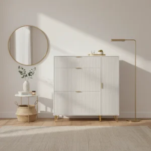 Meuble à chaussures moderne porte cannelée blanc et or 3 tiroirs - Aden One - lifestyle vue de face