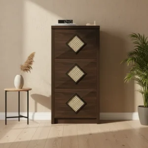 Meuble à chaussures vertical aspect bois 3 compartiments pliables - Auron Select - lifestyle vue de face