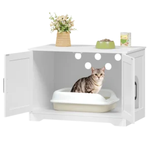 Meuble cache-litière chat blanc avec entrée latérale - Lenny Prime - Photo 1