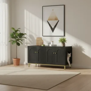 Meuble cache-litière double pour chat noir avec rangement 119 cm - Ivo Craft - lifestyle vue de face
