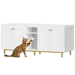 Meuble cache litière pour 2 chats blanc et doré - Romy Select - Photo 1