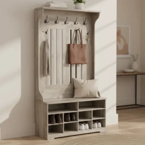 Meuble d'entrée avec banc à chaussures et crochets grège chiné - Elio One - lifestyle vue de face